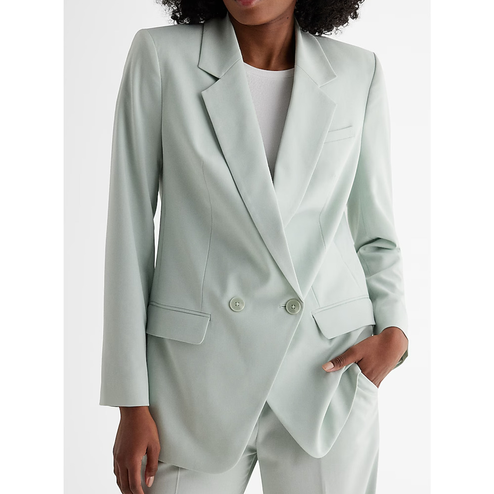 NEW EXPRESS ICED AQUA DOUBLE BREASTED CINCHED BOYFRIEND BLAZER JACKET SIZE LARGE - Picture 2 of 8